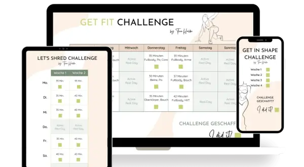 Trainingspläne für einen Softgainer: "Get Fit Challenge" und "Let's Shred Challenge" mit täglichen Workouts und Ruhetagen.