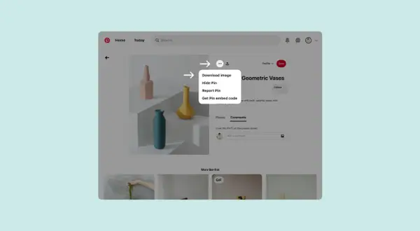 Widok ekranu z Pinteresta, pokazujący menu pobierania obrazu z wazami.