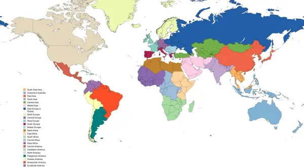 Mapa świata z podziałem na regiony. Turcja znajduje się w Europie Południowej, częściowo w Azji Mniejszej.