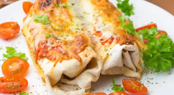Dwa zapieczone burrito z kurczakiem, polane ciągnącym się serem, podane z pomidorkami koktajlowymi i natką pietruszki.