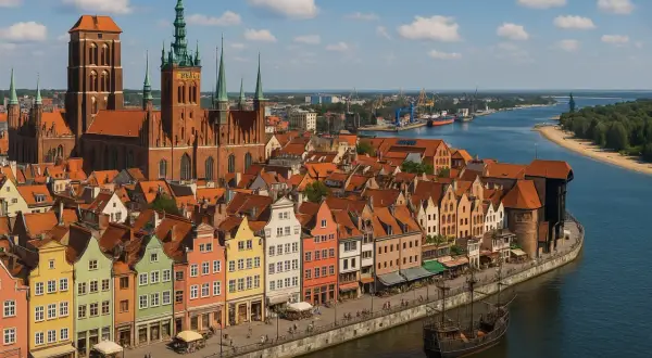 Kolorowe kamienice nad Motławą w Gdańsku, części Trójmiasta, Polska. W tle widać port i rzekę.