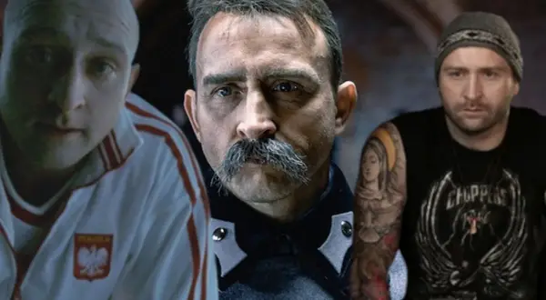 Borys Szyc w różnych rolach filmowych: łysy w dresie z orłem, z wąsem i w czapce.