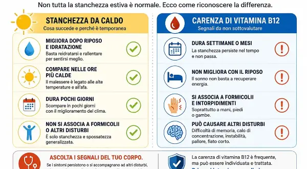 Carenza vitamina B12: sintomi neurologici come difficoltà di memoria e concentrazione, pallore, fiato corto. Non migliora col riposo.