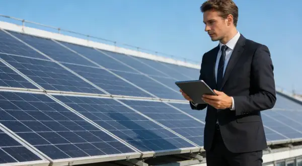Biznesmen analizuje dane na tablecie przy panelach fotowoltaicznych. Inwestycja w fotowoltaikę w koszty firmy to krok w stronę zielonej energii.