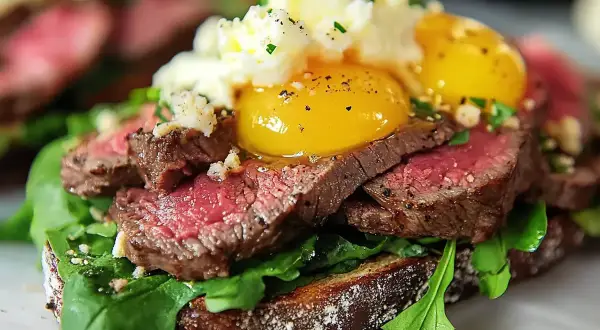 En lyxig bookmaker toast med saftig biff, rucola, två perfekt stekta ägg och en klick potatismos.
