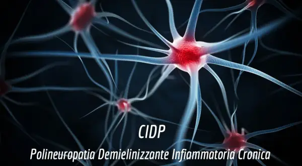 Neuroni stilizzati con testo "CIDP Polineuropatia Demielinizzante Infiammatoria Cronica", che può causare invalidità.