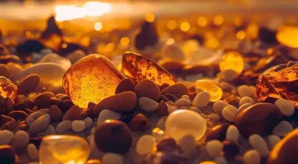 Bursztyny i kamyki na plaży w Łebie, niczym skarby z muzeum bursztynu, lśnią w złotym świetle zachodzącego słońca.