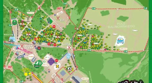 Mapa festiwalu Woodstock. Znajdziesz tu sceny, pola namiotowe, punkty gastronomiczne i informacyjne. Sprawdź, gdzie jest Woodstock!
