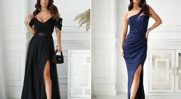 Dwie kobiety prezentują eleganckie polskie sukienki wieczorowe: czarną tiulową z rozcięciem i granatową z cekinową górą.