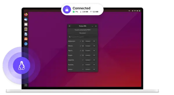 Un portátil con **Proton** VPN conectado en **Linux**. La interfaz muestra la conexión activa y una lista de países para elegir.