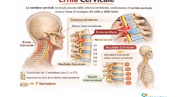 Illustrazione anatomica dell'ernia cervicale. Un massaggio cervicale mirato può alleviare le vertigini associate a questa condizione.