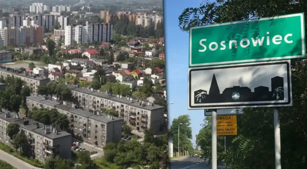 Widok na blokowiska i znak drogowy z napisem Sosnowiec. O co chodzi z sosnowcem? To miasto w Polsce.