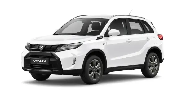 Biały Suzuki Vitara 2025, gotowy na przygody. Stylowy SUV z czarnymi akcentami i nowoczesnymi światłami.