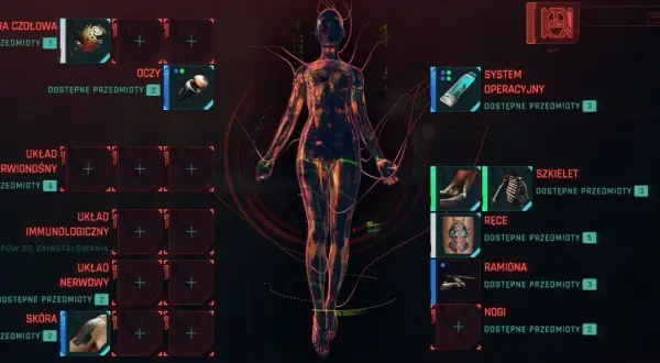 Interfejs ripperdoca pokazuje cybernetyczne ulepszenia ciała: mózg, oczy, szkielet, ręce, nogi i skórę.