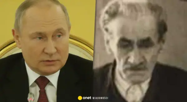 Podzielony obraz: Władimir Putin po lewej, postać historyczna po prawej.