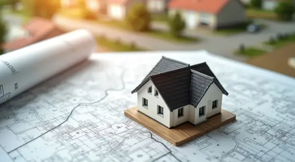 Model domu na planach architektonicznych, zapowiadający budowę nowych domów z ogrodami.