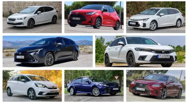 Varios coches, algunos son glp o híbrido. Destacan un Toyota Yaris rojo, un Lexus ES rojo y un Honda Civic blanco.