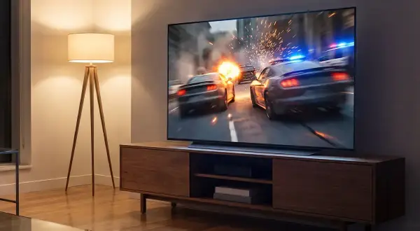 Nowoczesny salon z telewizorem 65 cali, na którym trwa dynamiczna scena pościgu samochodowego. Idealny do filmów i gier.