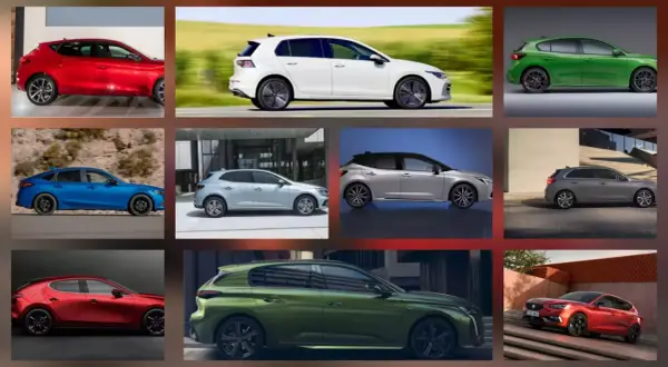 Sześć różnych hatchbacków w różnych kolorach, pokazanych z profilu.