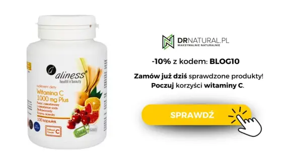 Biała butelka suplementu diety Witamina C 1000 mg Plus z owocami cytrusowymi i wiśniami.