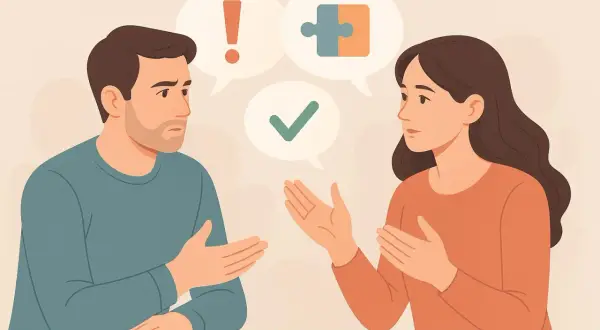 Para jak zacząć rozmowę po kłótni, z symbolami dialogu: wykrzyknik, zaznaczone pole i puzzle.