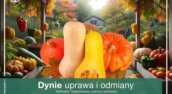 Jesienna uczta: dynia piżmowa zielona i inne warzywa w ogrodzie.