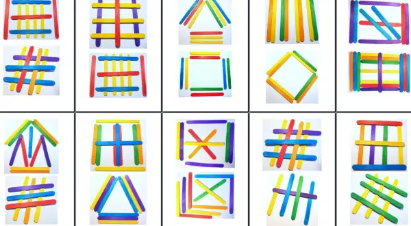 Kolorowe patyczki tworzą różne figury geometryczne i wzory. To kreatywna gra z patyczkami, która rozwija wyobraźnię.
