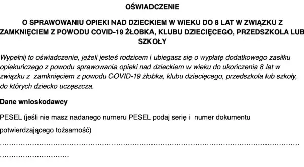Oświadczenie o sprawowaniu opieki nad dzieckiem do 8 lat w związku z zamknięciem placówki z powodu COVID-19.