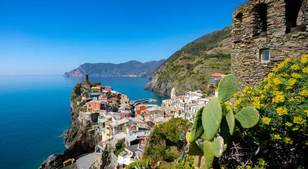 Kolorowe domy Cinque Terre wznoszą się na klifie nad turkusowym morzem. W oddali widać góry, a na pierwszym planie kaktus i żółte kwiaty.