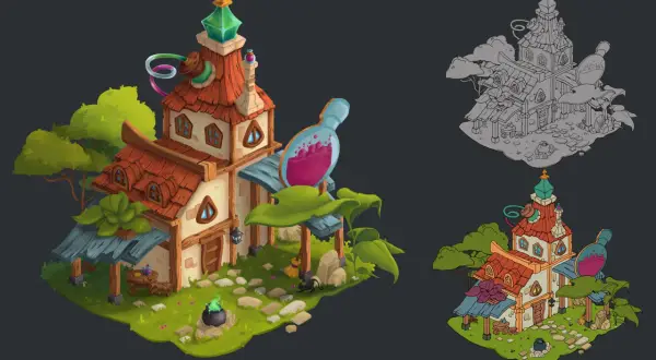 Magiczna chatka alchemika, gdzie w kociołku bulgocze eliksir, a nad wejściem wisi gigantyczna butelka z różową miksturą. To serce zatoki kupców.