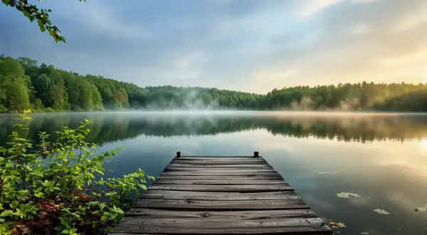 Drewniany pomost nad spokojnym jeziorem kacze oko, otoczonym lasem. Poranna mgła unosi się nad wodą, tworząc magiczną atmosferę.