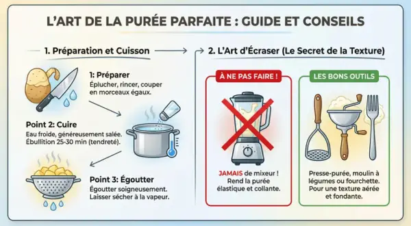 Guide pour une purée maison parfaite : préparation, cuisson, égouttage. Évitez le mixeur, privilégiez presse-purée ou fourchette pour une texture aérée.