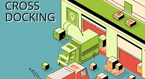 Ilustracja przedstawia proces cross docking: ciężarówki rozładowują paczki bezpośrednio do magazynu, gdzie są natychmiast przeładowywane na inne pojazdy.