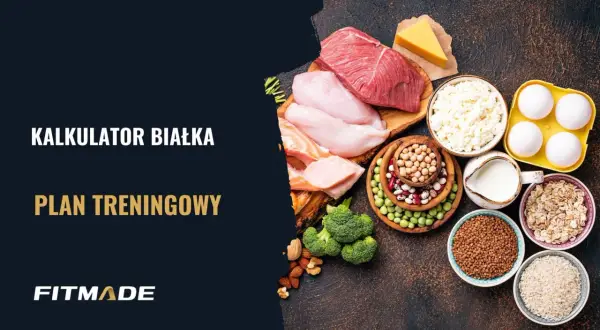 Kalkulator białka i plan treningowy. Różnorodne źródła białka: mięso, ryby, jajka, nabiał, rośliny strączkowe, płatki owsiane, ryż, kasza.