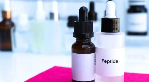Dwie buteleczki z pipetkami, jedna z napisem "Peptide". W tle inne kosmetyki.