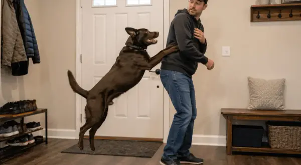 A man in jeans and a hoodie tries to stop his excited dog from jumping on him. This image illustrates how to stop a dog from jumping on people.