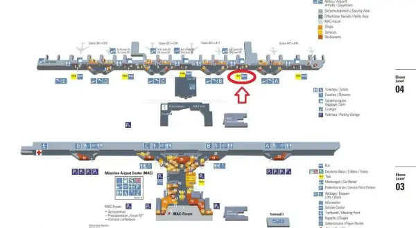Plan lotniska w Monachium, Terminal 1. Widoczny jest obszar MAC z zaznaczonym przystankiem TAXI BUS.