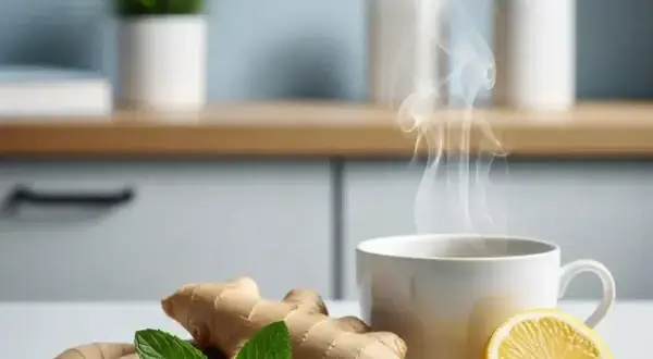 Gorąca herbata z imbirem, cytryną i miętą. Idealna na przeziębienie, jak naturalny anaketon.