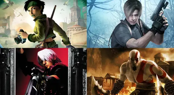 Kratos, Leon Kennedy, Dante i Jade - bohaterowie najlepszych gier na PS2, gotowi do akcji.