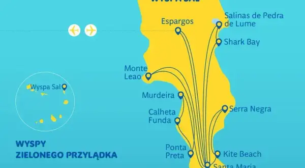 Mapa pokazuje, gdzie leżą Wyspy Zielonego Przylądka, ze szczególnym uwzględnieniem Wyspy Sal i jej atrakcji.