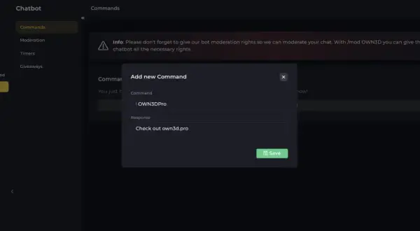 Ein Fenster zum Twitch bot einrichten zeigt, wie man einen neuen Befehl mit der Antwort "Check out own3d.pro" hinzufügt.