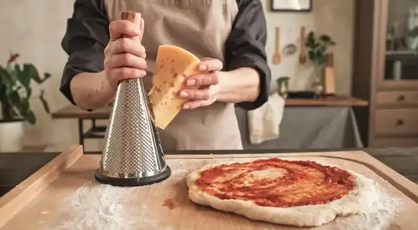 Ręce trzymają kawałek sera i tarkę, przygotowując się do starcia go na pizzę. To idealny sposób, czym posmarować pizzę, by była pyszna!