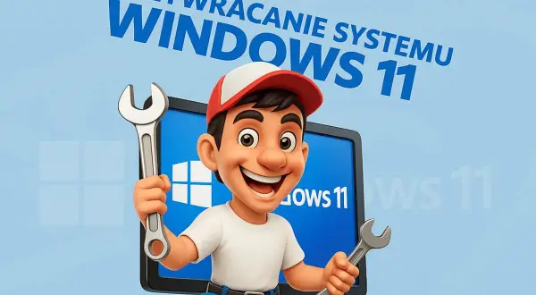 Uśmiechnięty majster z kluczami w rękach, gotowy do przywracania systemu Windows 11.