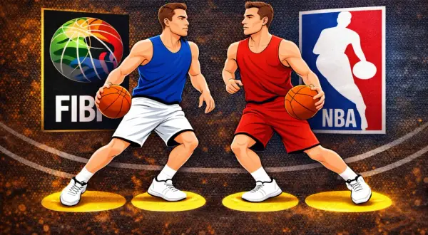 Dwóch koszykarzy, jeden w niebieskim, drugi w czerwonym, z piłkami w rękach, stoi naprzeciwko siebie. W tle loga FIBA i NBA. Ile kroków w koszykówce?