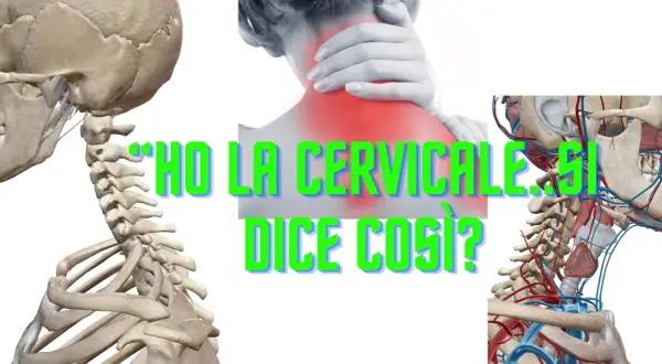 Anatomia del collo e scheletro umano, con un'immagine di dolore cervicale e la scritta "Ho la cervicale. Si dice così?".