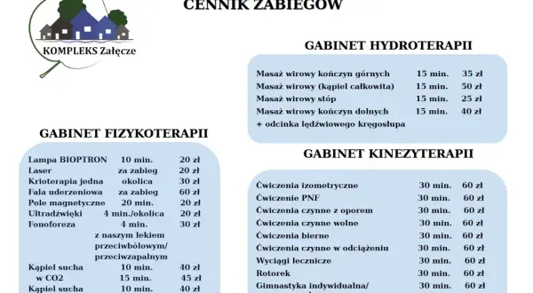 Cennik zabiegów w Kompleksie Załęcze: fizykoterapia, hydroterapia, kinezyterapia.