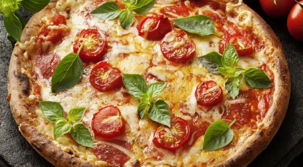 Pyszna pizza z pomidorkami i bazylią. Proste ciasto na pizzę zawsze wychodzi, a ta wygląda idealnie!