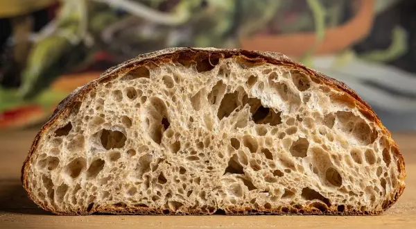 Schnitt eines rustikalen Brotes mit großer Porung, perfekt für ein Sylter Brot Rezept.