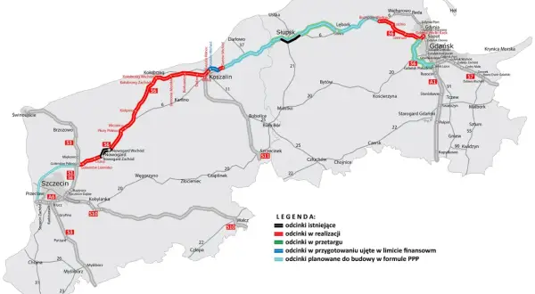 Mapa przedstawia przebieg drogi S6 wraz z odcinkami istniejącymi, w realizacji, przetargu i planowanymi.