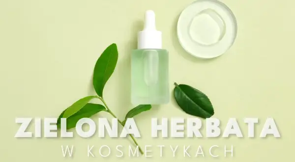 Butelka z zielonym serum, liście zielonej herbaty i kropla kosmetyku. Ekstrakt z zielonej herbaty w kosmetykach.